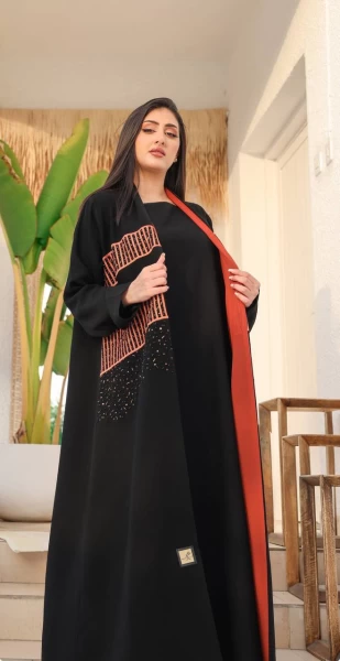 Cuba Crepe Abaya Black With Orange Doubt IB140 Orange